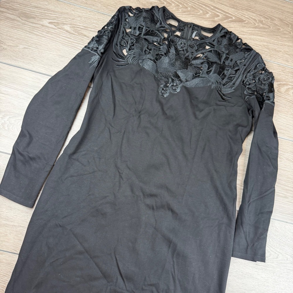 Josie Natori Women Dress Lace Cutout Yoke Long Sleeve Black Size 14